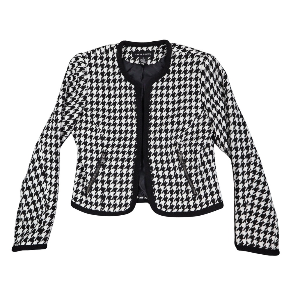 Larry Levine Houndstooth Jacket Womens Size S Black Cream Zip Pockets NWT